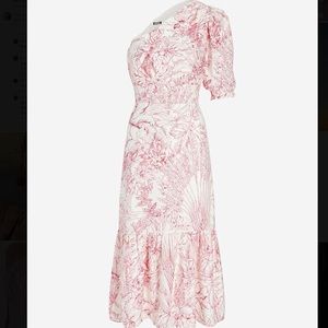 NWT Express Pink Floral Dress Puff Sleeve Asymmetric One Shoulder Dress XS $108